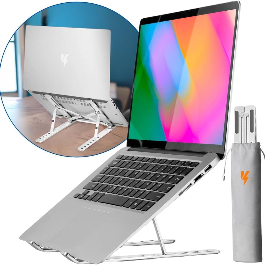 Suporte para Notebook e Tablet Linha Premium em Alumínio Dobrável e Ergonômico Para Desktop Portátil Ajustável em 6 Ângulos com Altura Regulável Leve Apoio Universal - Com estojo para armazenagem - Imagem 3