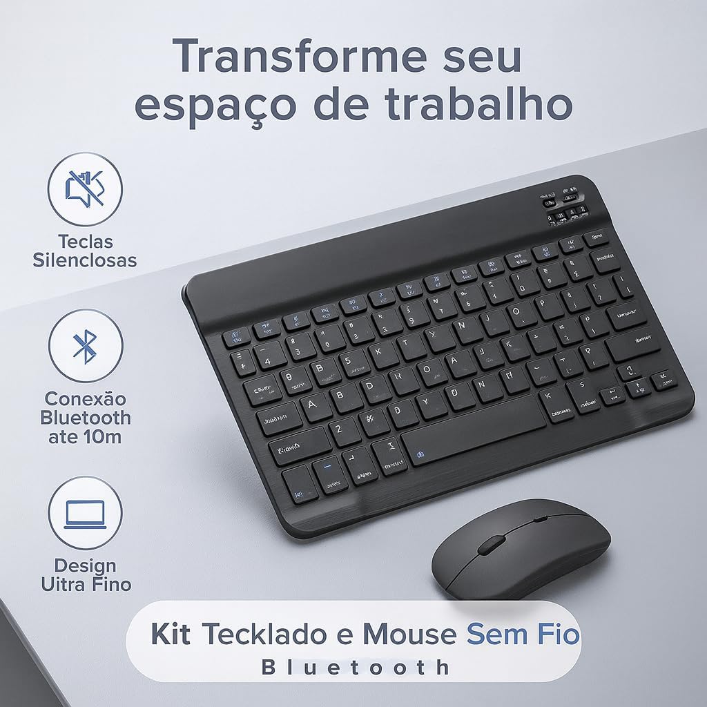 Combo Teclado e Mouse Bluetooth Ultrafino Sem Fio, Portátil e Recarregável E Teclado sem Fio - Compatível com Tablets Android, Celular, Smartphone, iPhone, iPad mini, Pro Air 10.2 10.9 11 12.9 - Imagem 4