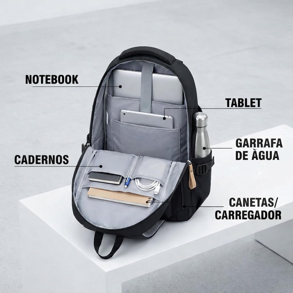Mochila Masculina Feminina Grande para Notebook 15.6”, Trabalho, Viagem, Escola, Reforçada e Resistente – Mochila Escolar, Mochila Reforçada - Imagem 3