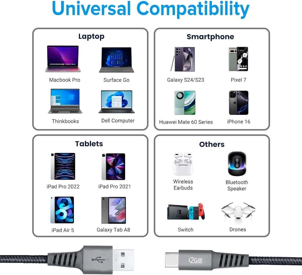 Cabo USB-C I2GO 2m 2,4A Nylon Trançado Chumbo - I2GO PRO - Imagem 5