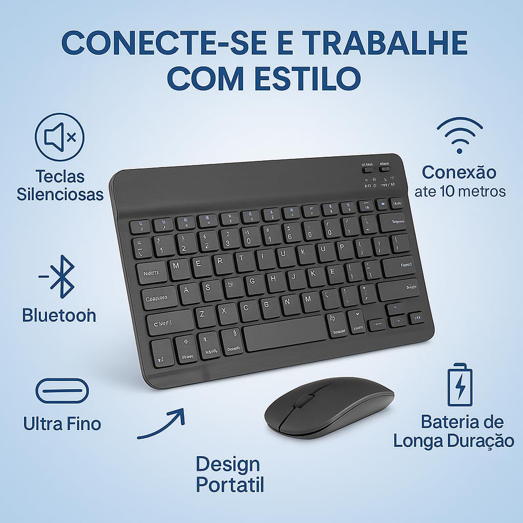 Combo Teclado e Mouse Bluetooth Ultrafino Sem Fio, Portátil e Recarregável E Teclado sem Fio - Compatível com Tablets Android, Celular, Smartphone, iPhone, iPad mini, Pro Air 10.2 10.9 11 12.9 - Imagem 3