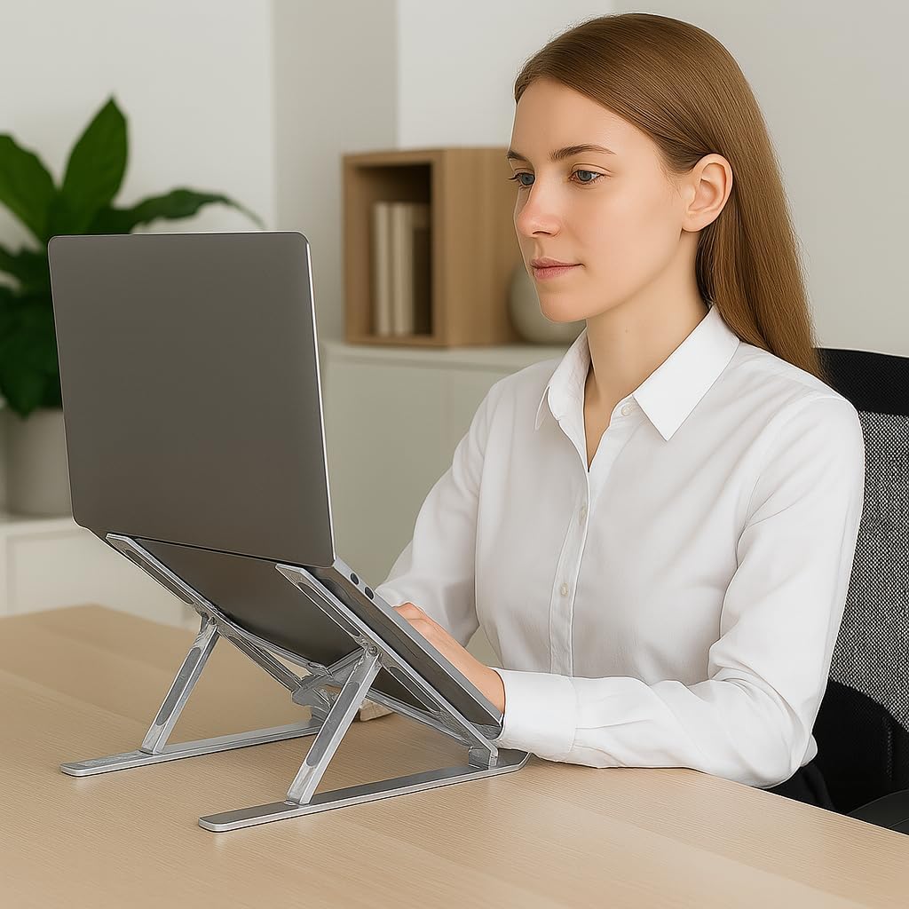 Suporte para Notebook e Tablet Linha Premium em Alumínio Dobrável e Ergonômico Para Desktop Portátil Ajustável em 6 Ângulos com Altura Regulável Leve Apoio Universal - Com estojo para armazenagem - Imagem 2