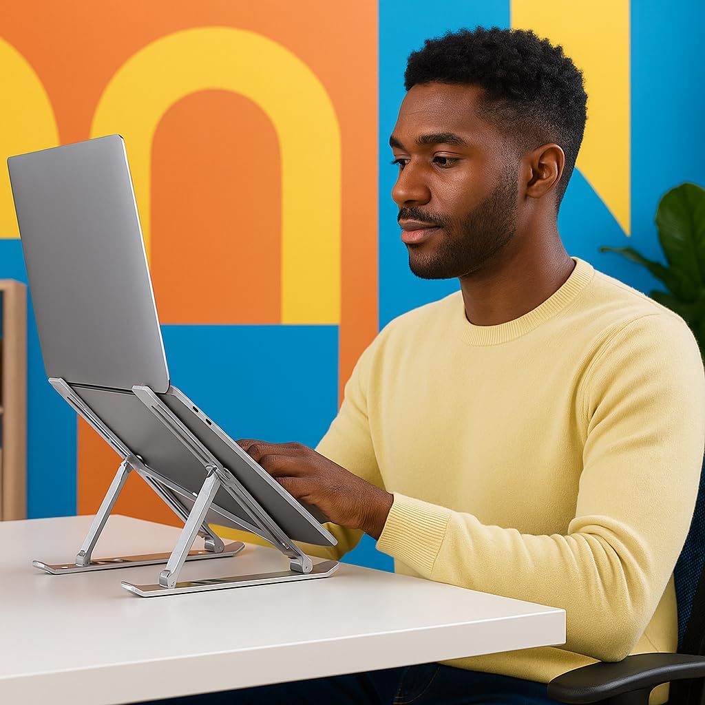 Suporte para Notebook e Tablet Linha Premium em Alumínio Dobrável e Ergonômico Para Desktop Portátil Ajustável em 6 Ângulos com Altura Regulável Leve Apoio Universal - Com estojo para armazenagem - Imagem 4