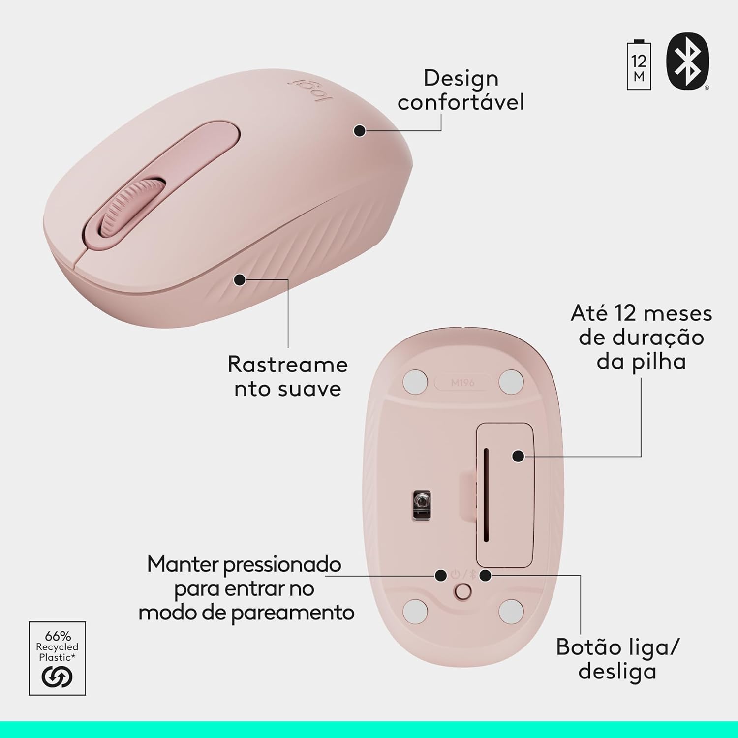 Combo Teclado e Mouse Sem Fio Logitech MK250 Bluetooth com Conectividade Rápida e Fácil, Design Compacto, Mouse Ambidestro, Layout ABNT2, Construção Durável, Compatível com PC e Mac - Rosa - Imagem 7