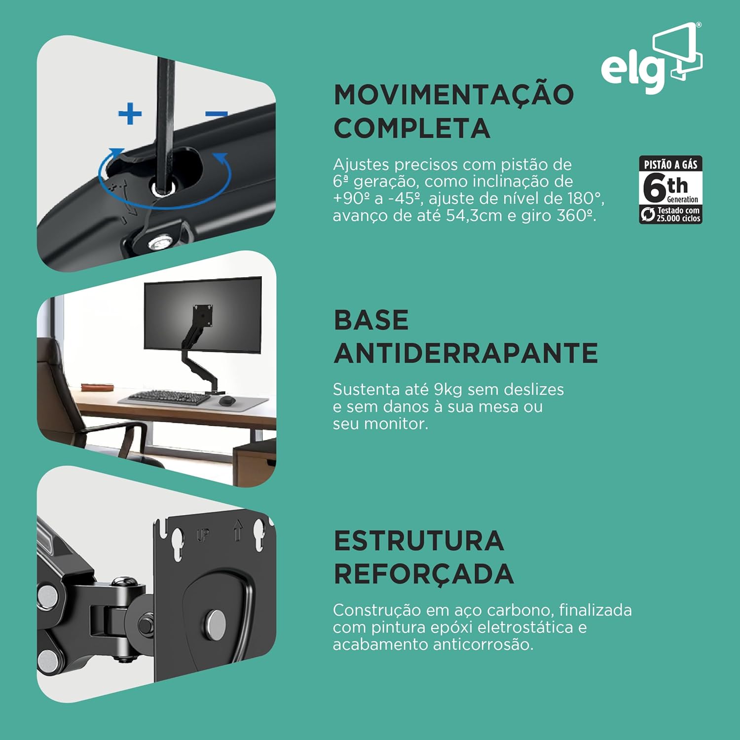 ELG, F80N, Suporte Articulado de Mesa, Pistão a Gás, Design Compacto e Retrátil, Ergonômico, Monitores 17'' a 35'', 2kg a 9kg, Preto - Imagem 3