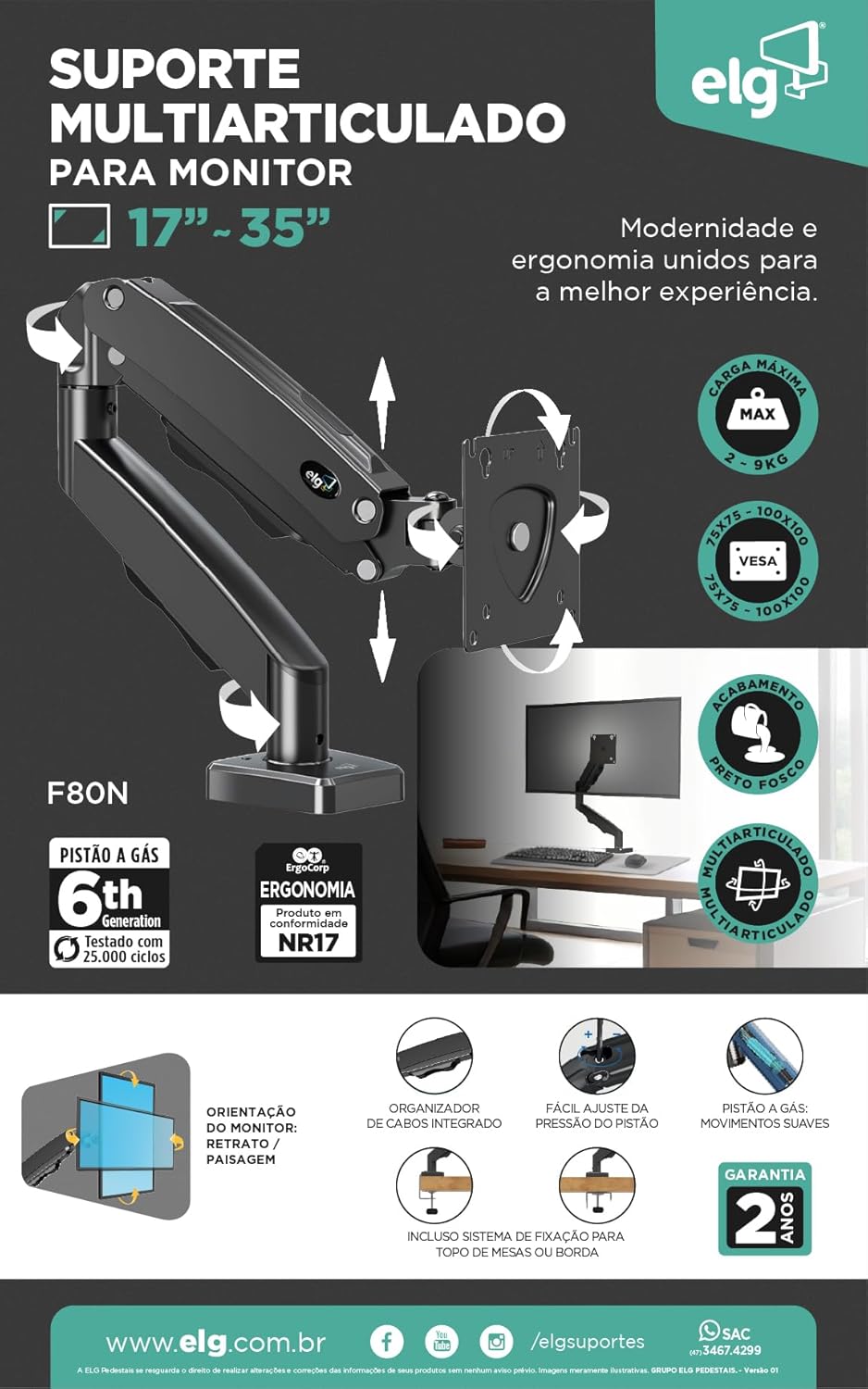 ELG, F80N, Suporte Articulado de Mesa, Pistão a Gás, Design Compacto e Retrátil, Ergonômico, Monitores 17'' a 35'', 2kg a 9kg, Preto - Imagem 6