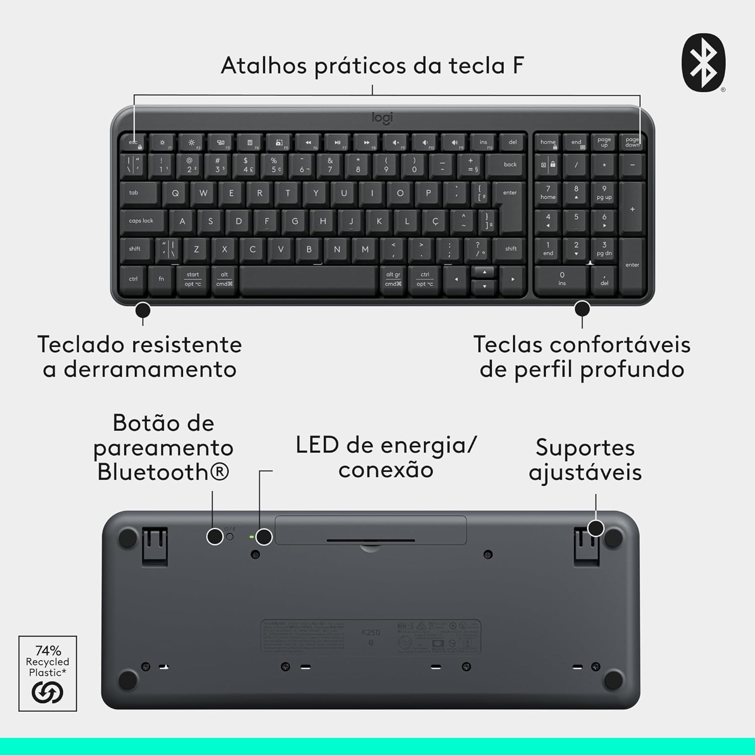Combo Teclado e Mouse Sem Fio Logitech MK250 Bluetooth com Conectividade Rápida e Fácil, Design Compacto, Mouse Ambidestro, Layout ABNT2, Construção Durável, Compatível com PC e Mac - Grafite - Imagem 8