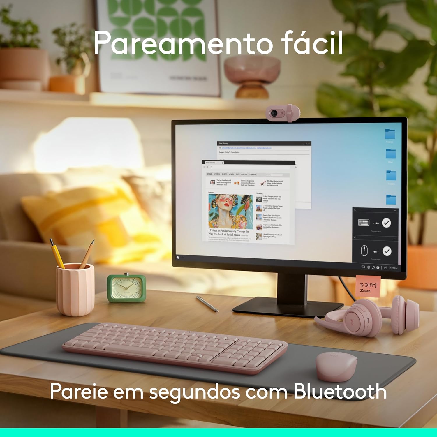 Combo Teclado e Mouse Sem Fio Logitech MK250 Bluetooth com Conectividade Rápida e Fácil, Design Compacto, Mouse Ambidestro, Layout ABNT2, Construção Durável, Compatível com PC e Mac - Rosa - Imagem 2