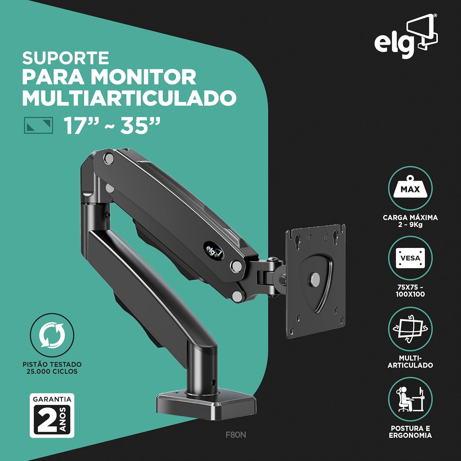 ELG, F80N, Suporte Articulado de Mesa, Pistão a Gás, Design Compacto e Retrátil, Ergonômico, Monitores 17'' a 35'', 2kg a 9kg, Preto - Imagem 2