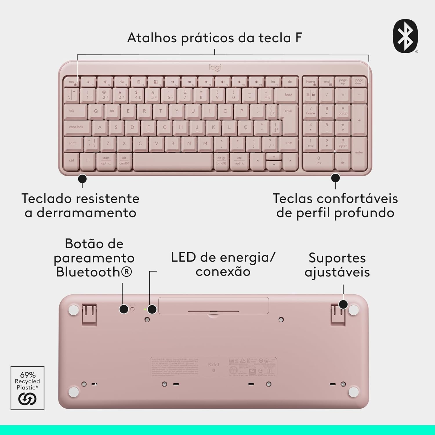 Combo Teclado e Mouse Sem Fio Logitech MK250 Bluetooth com Conectividade Rápida e Fácil, Design Compacto, Mouse Ambidestro, Layout ABNT2, Construção Durável, Compatível com PC e Mac - Rosa - Imagem 8