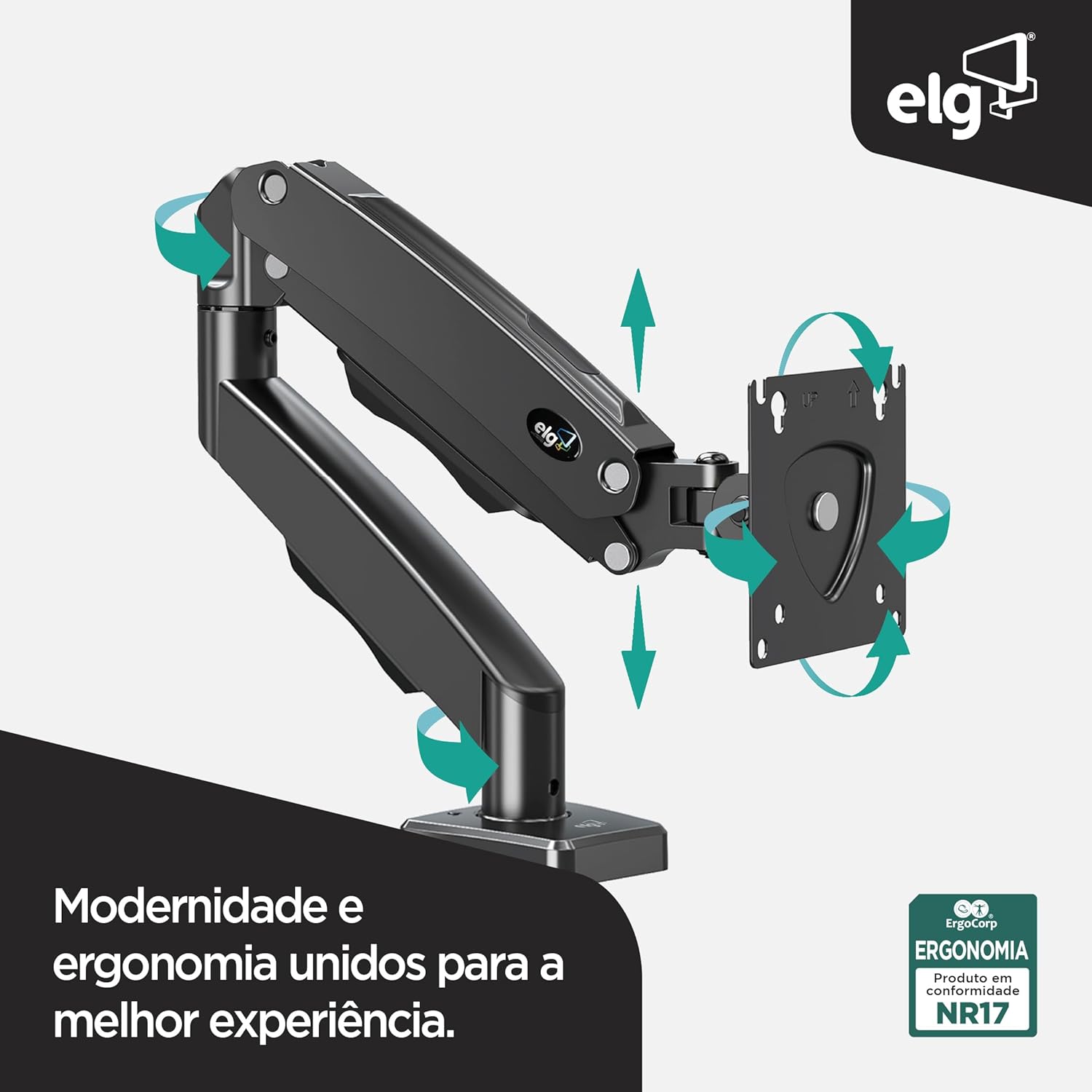 ELG, F80N, Suporte Articulado de Mesa, Pistão a Gás, Design Compacto e Retrátil, Ergonômico, Monitores 17'' a 35'', 2kg a 9kg, Preto - Imagem 5