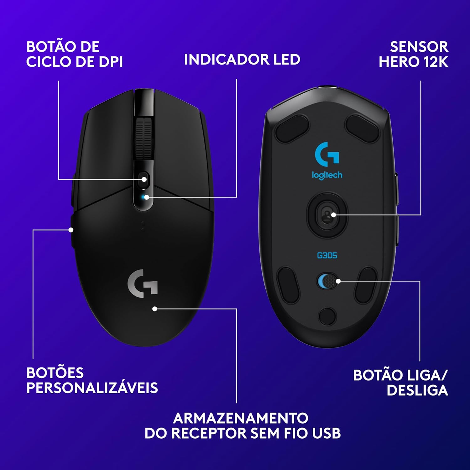 Mouse Gamer Sem Fio Logitech G305 LIGHTSPEED com 6 Botões Programáveis e Até 12.000 DPI - Preto - Imagem 6