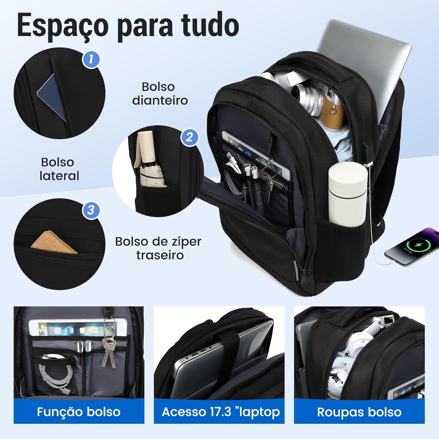 Mochila Grande para Notebook 17.3 Masculina Feminina,Mochila Backpack Executiva Antifurto, Reforçada, Saídas USB,Impermeável, Escolar, Faculdade, Trabalho,Viagem,Presente (Preto) - Imagem 3