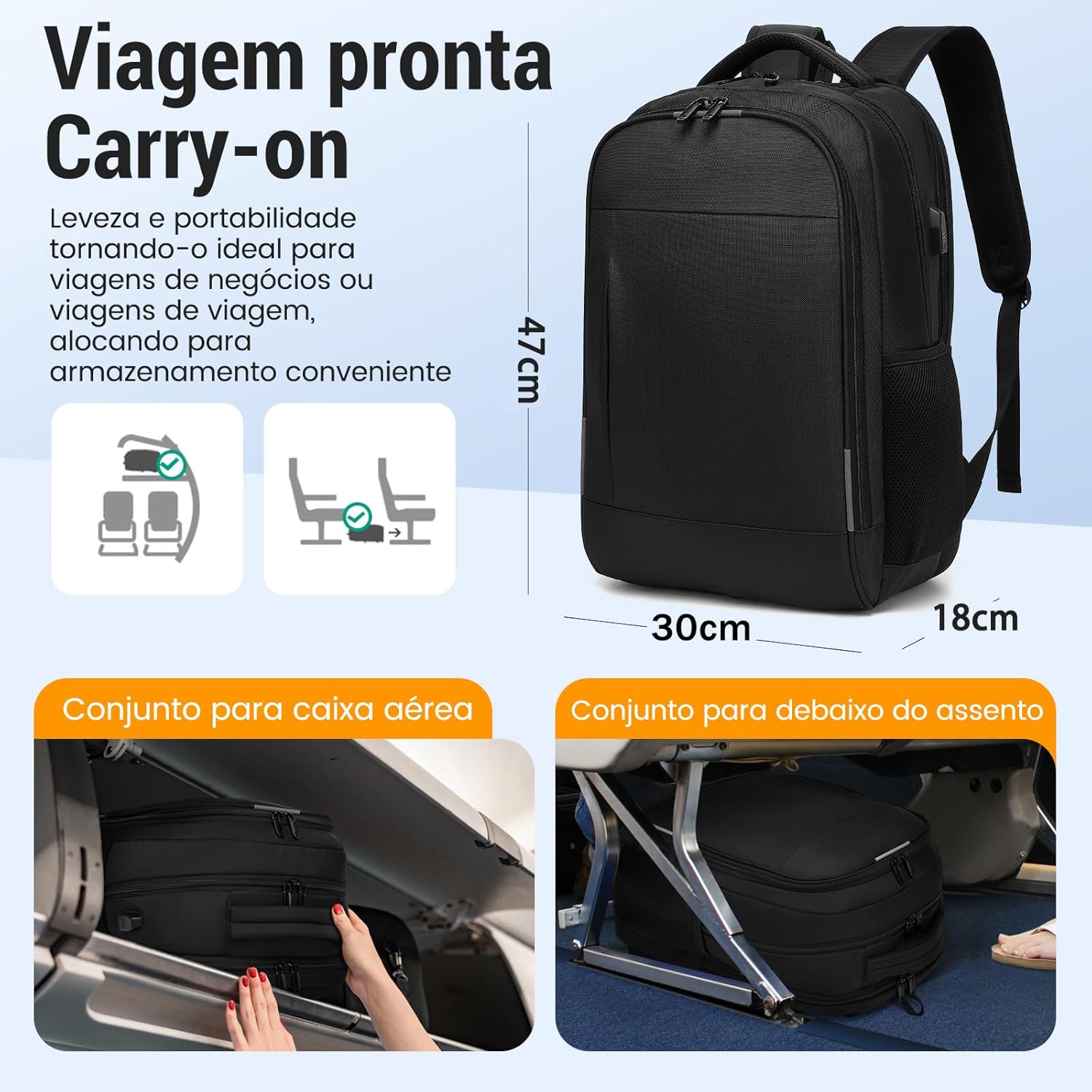 Mochila Grande para Notebook 17.3 Masculina Feminina,Mochila Backpack Executiva Antifurto, Reforçada, Saídas USB,Impermeável, Escolar, Faculdade, Trabalho,Viagem,Presente (Preto) - Imagem 2