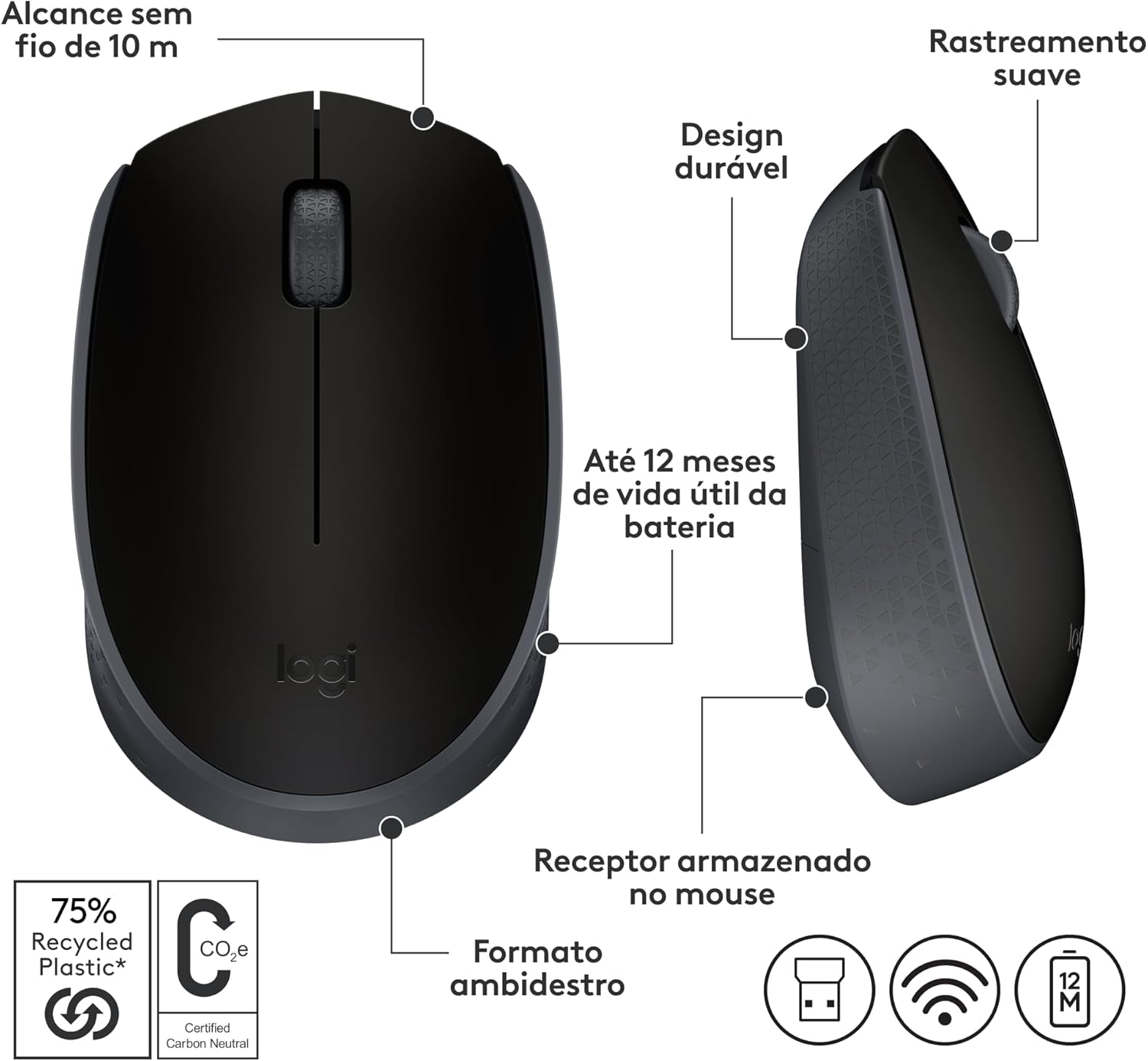 Mouse sem fio Logitech M170 com Design Ambidestro Compacto, Conexão USB e Pilha Inclusa - Preto - Imagem 9