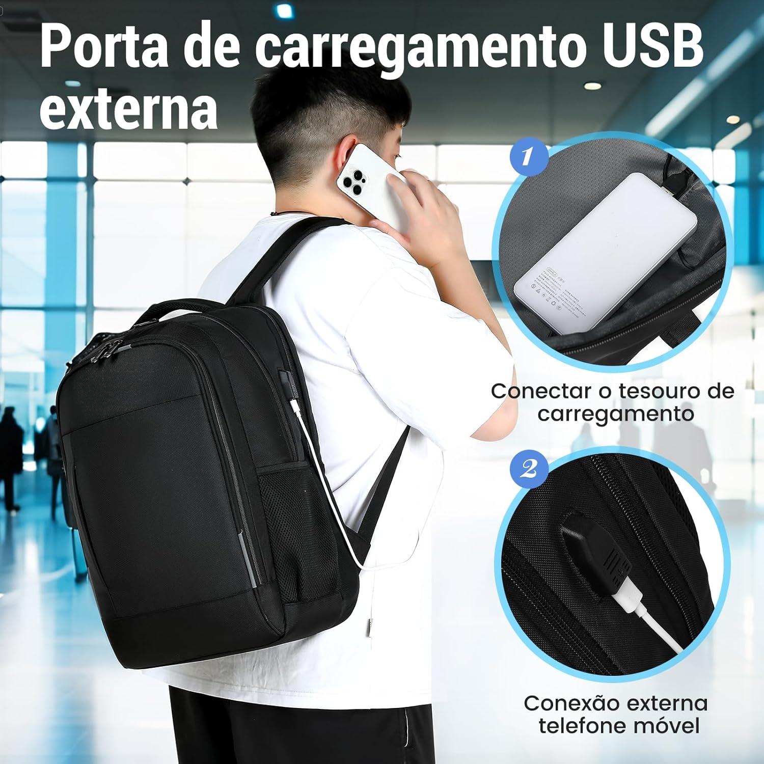 Mochila Grande para Notebook 17.3 Masculina Feminina,Mochila Backpack Executiva Antifurto, Reforçada, Saídas USB,Impermeável, Escolar, Faculdade, Trabalho,Viagem,Presente (Preto) - Imagem 4
