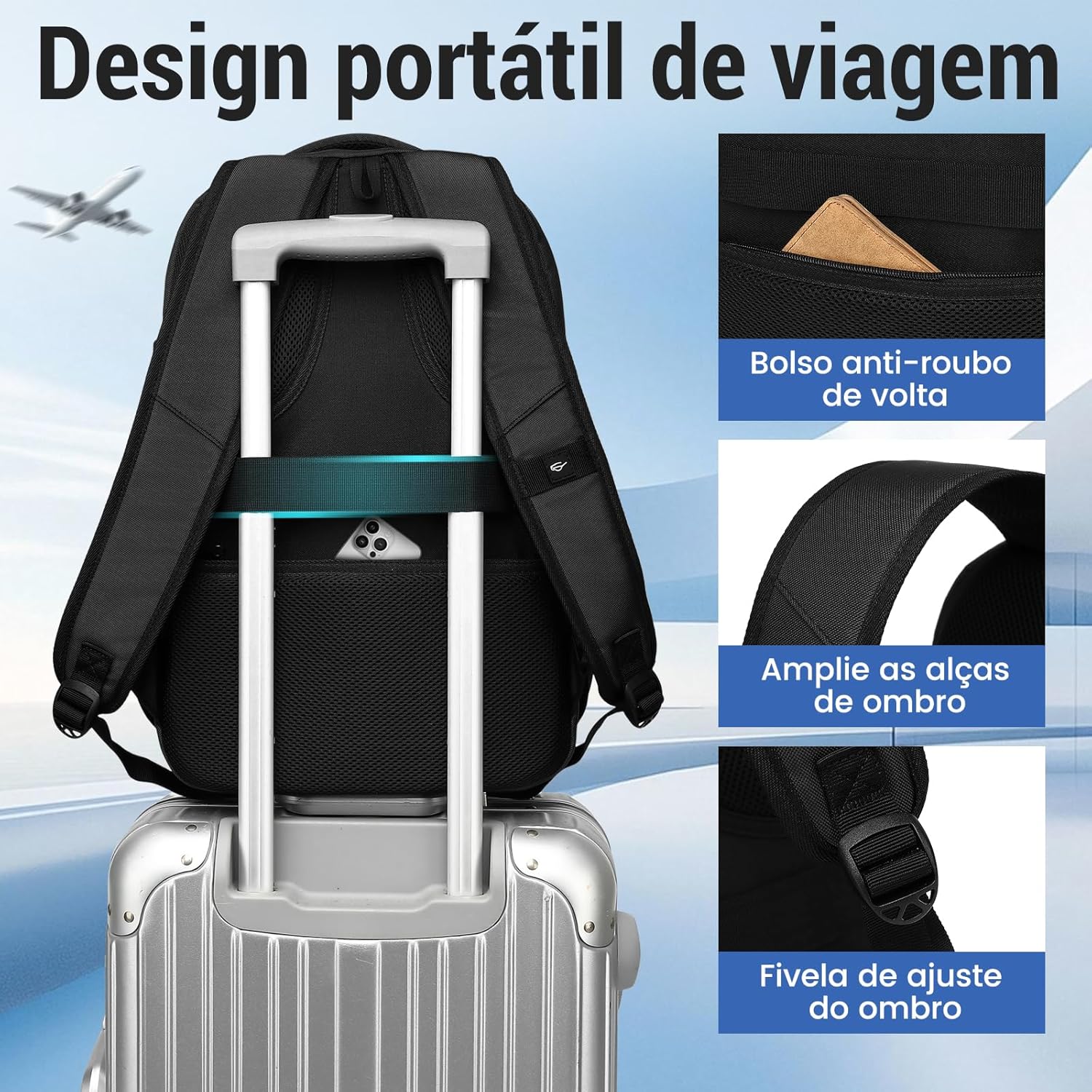 Mochila Grande para Notebook 17.3 Masculina Feminina,Mochila Backpack Executiva Antifurto, Reforçada, Saídas USB,Impermeável, Escolar, Faculdade, Trabalho,Viagem,Presente (Preto) - Imagem 6