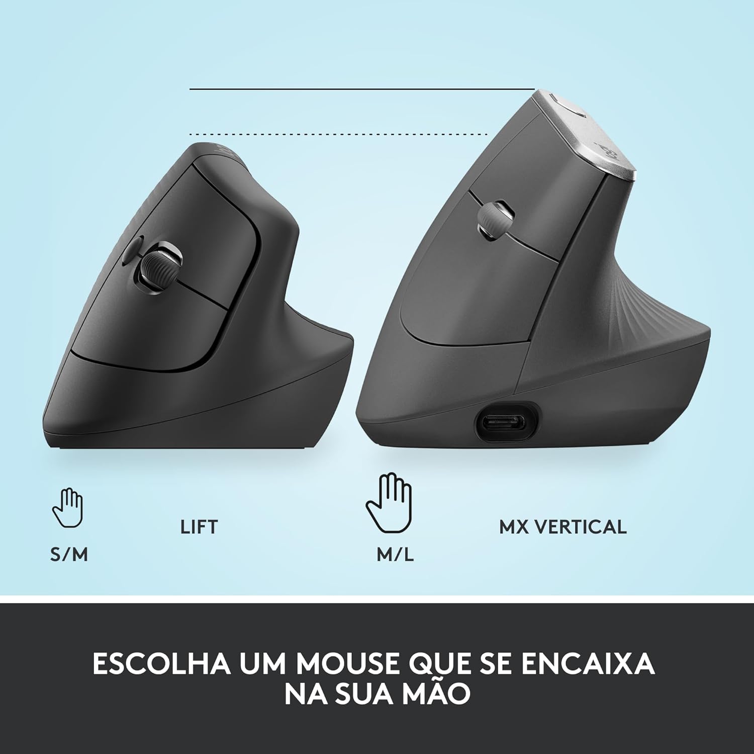 Mouse Sem Fio Logitech Lift Vertical com Design Ergonômico para Redução de Tensão Muscular, Cliques Silenciosos, Conexão Bluetooth ou USB Logi Bolt, Compatível com Windows/macOS/iPadOS - Grafite - Imagem 9