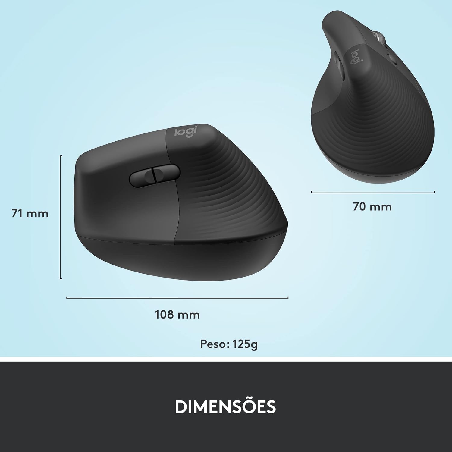 Mouse Sem Fio Logitech Lift Vertical com Design Ergonômico para Redução de Tensão Muscular, Cliques Silenciosos, Conexão Bluetooth ou USB Logi Bolt, Compatível com Windows/macOS/iPadOS - Grafite - Imagem 10