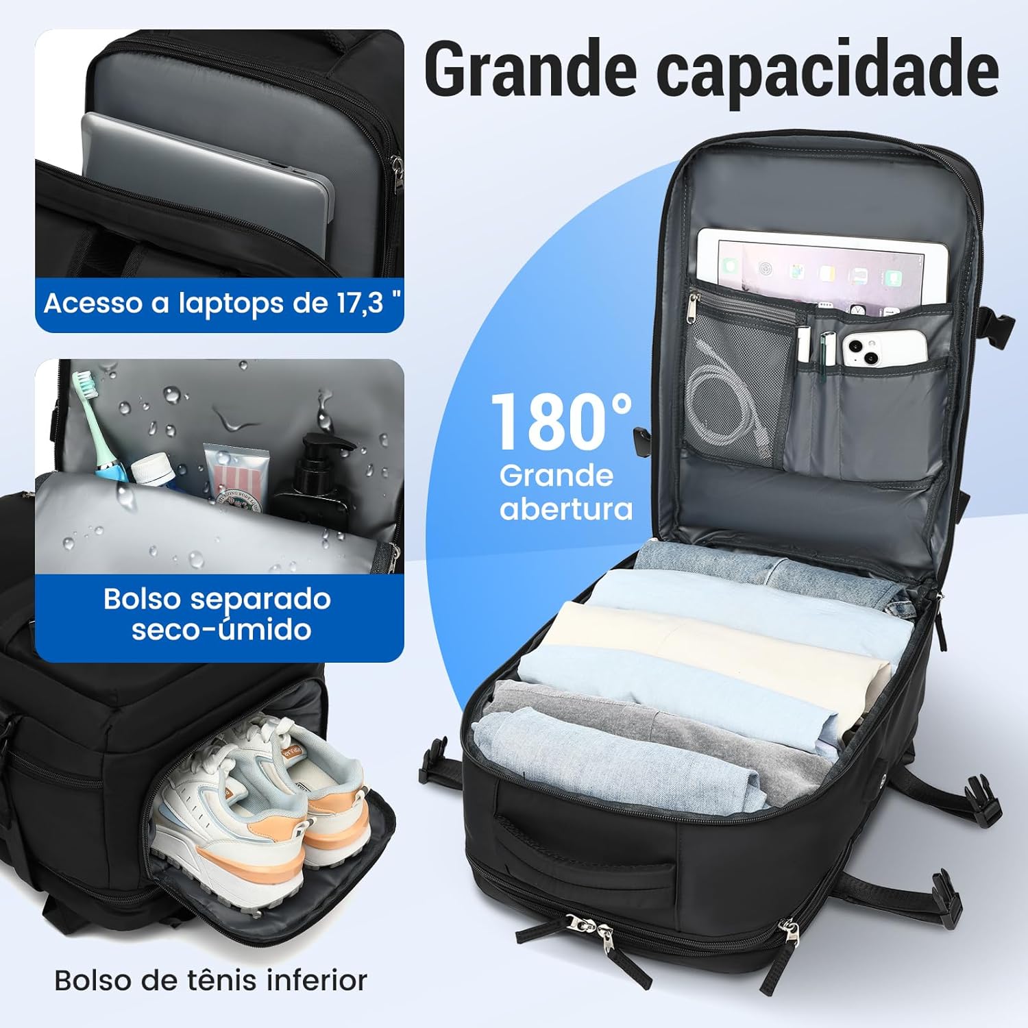 Mochila de Viagem Expansivel Grande Masculina Feminina,Mochila Avião Notebook Bolsa de Sapato,Executiva,Antifurto,Reforçada,USB,Impermeável,Escolar,Faculdade,Trabalho,Presente - Imagem 4