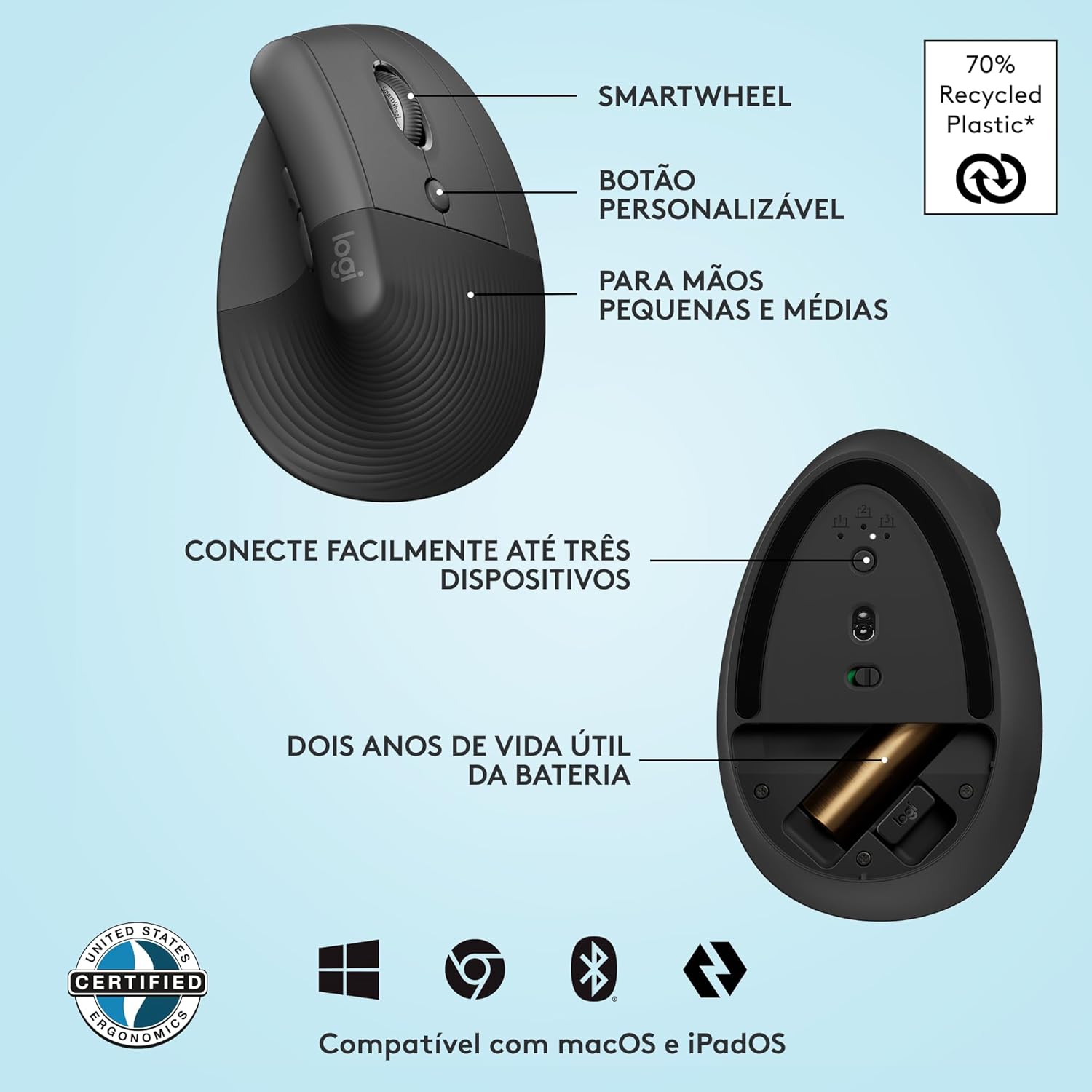 Mouse Sem Fio Logitech Lift Vertical com Design Ergonômico para Redução de Tensão Muscular, Cliques Silenciosos, Conexão Bluetooth ou USB Logi Bolt, Compatível com Windows/macOS/iPadOS - Grafite - Imagem 6